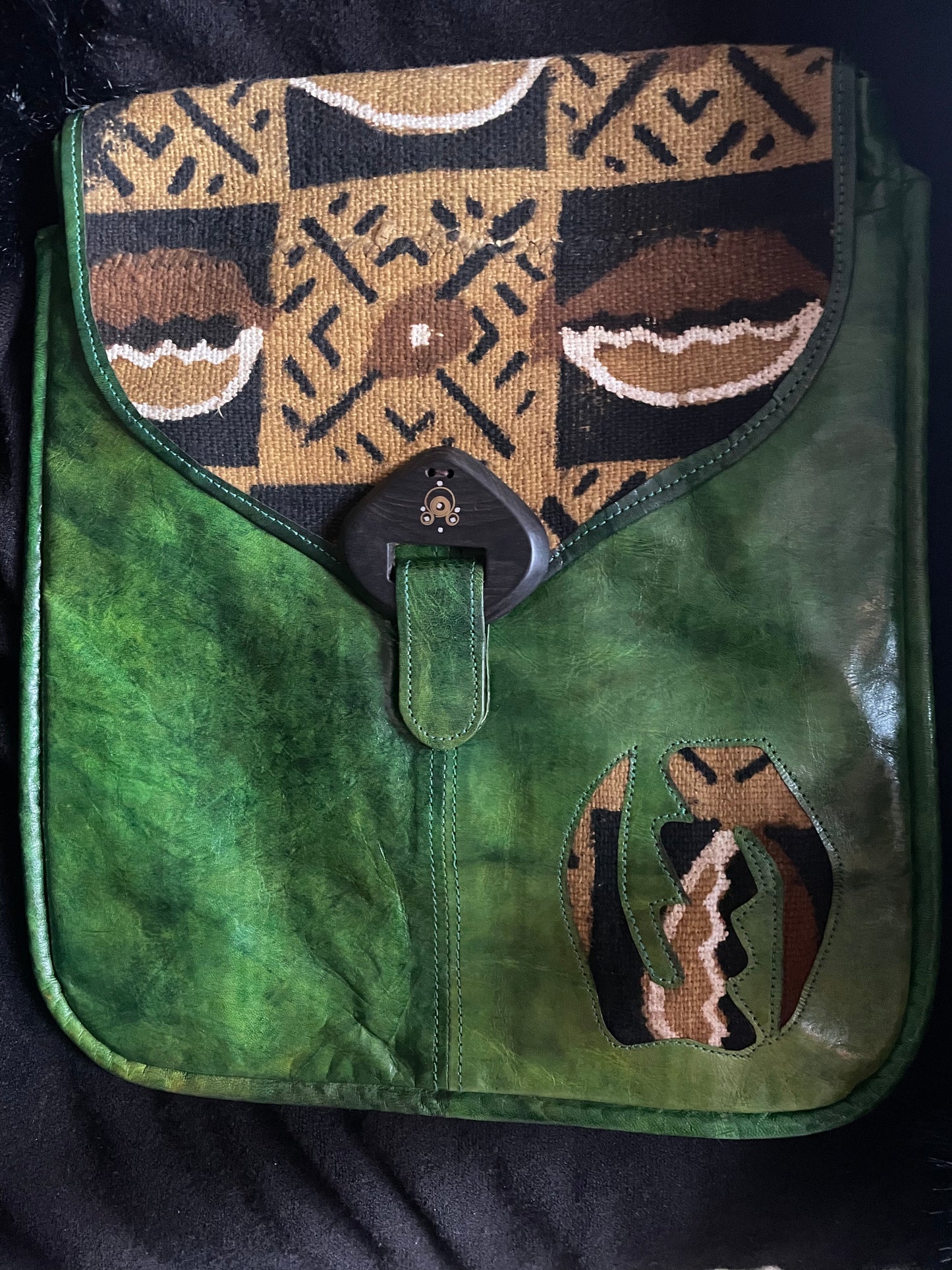 HANDMADE GREEN LEATHER AND BROWN  MUDCLOTH CROSSBODY AFRICAN BAG WITH GYE NYAME
