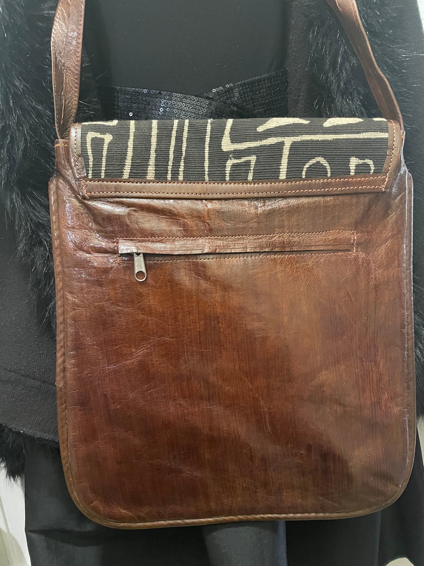HANDMADE BROWN LEATHER AND MUDCLOTH CROSSBODY AFRICAN BAG WITH GYE NYAME