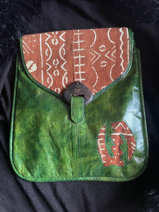 HANDMADE GREEN LEATHER AND TAN MUDCLOTH CROSSBODY AFRICAN BAG WITH GYE NYAME