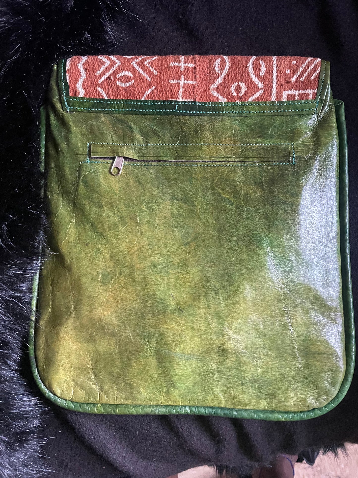 HANDMADE GREEN LEATHER AND TAN MUDCLOTH CROSSBODY AFRICAN BAG WITH GYE NYAME